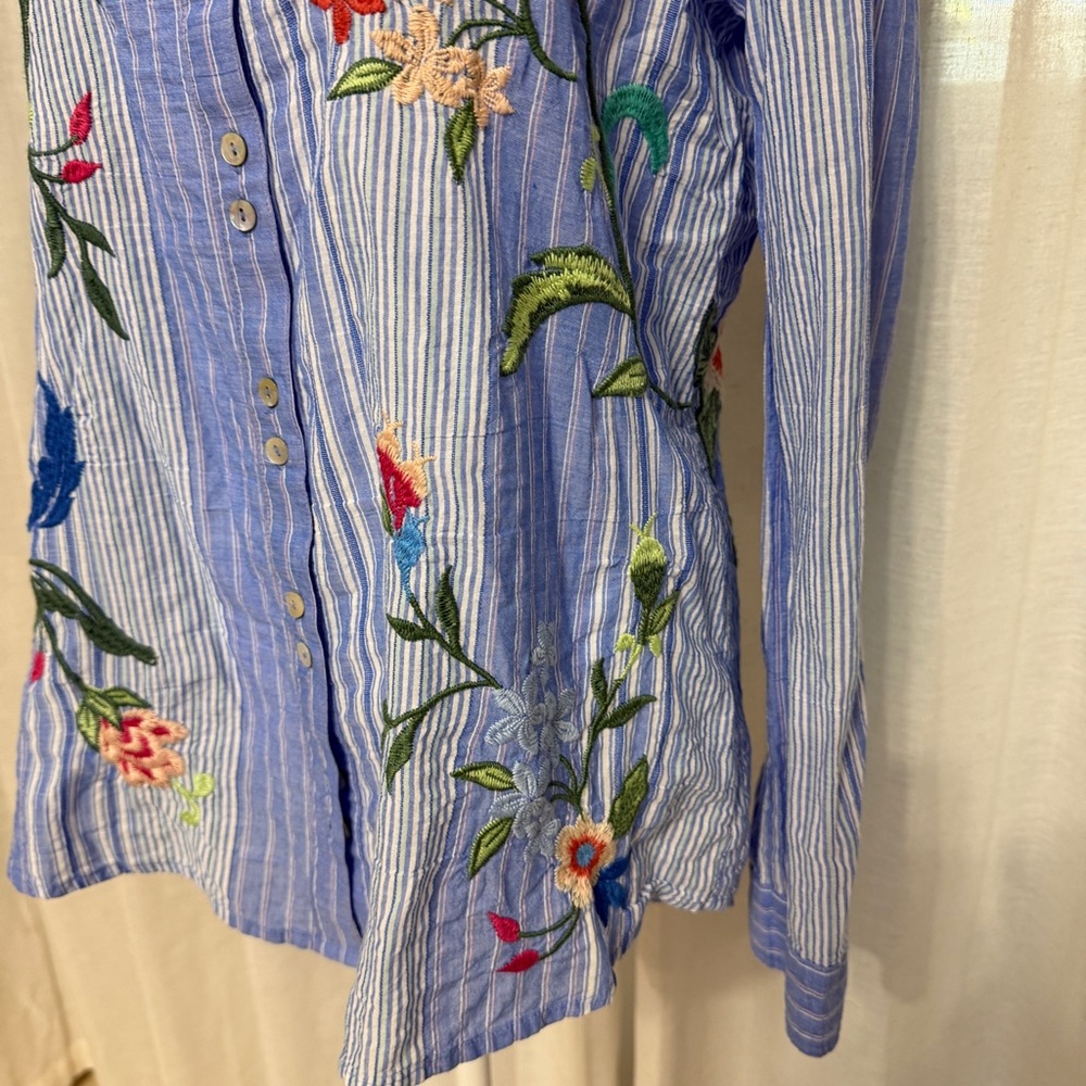 Johnny Was Workshop Madaleina Double Button Stripe Shirt Floral Boho Women's XS - Picture 3 of 9